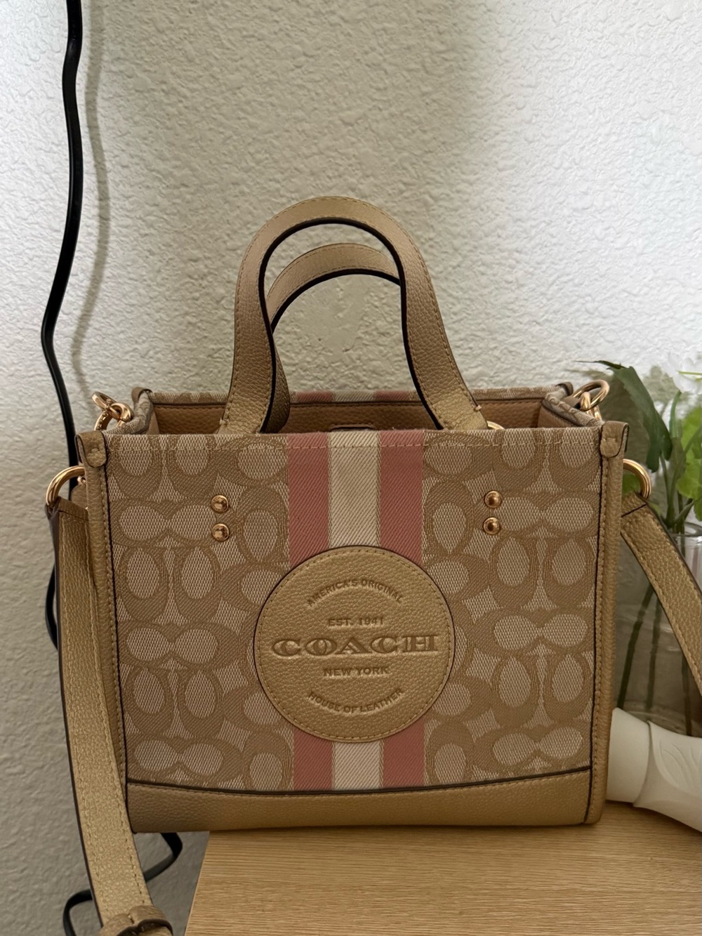 COACH Tan Signature Satchel with Pink and Cream Stripe - Picture 1 of 3